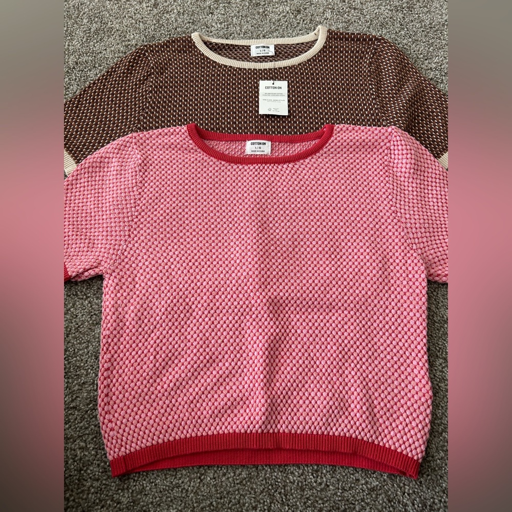 Cotton On Pink and Brown Crew Neck Sweaters